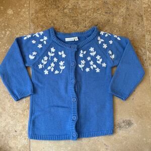 JoJo Maman Bebe Girls-Size 3-4-Blue Floral Embroidered Knit Cardigan Sweater